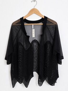 Mirror Image NWT Black Sheer Open Front Mesh Wave Knit Scallop Boho Goth Top 2X